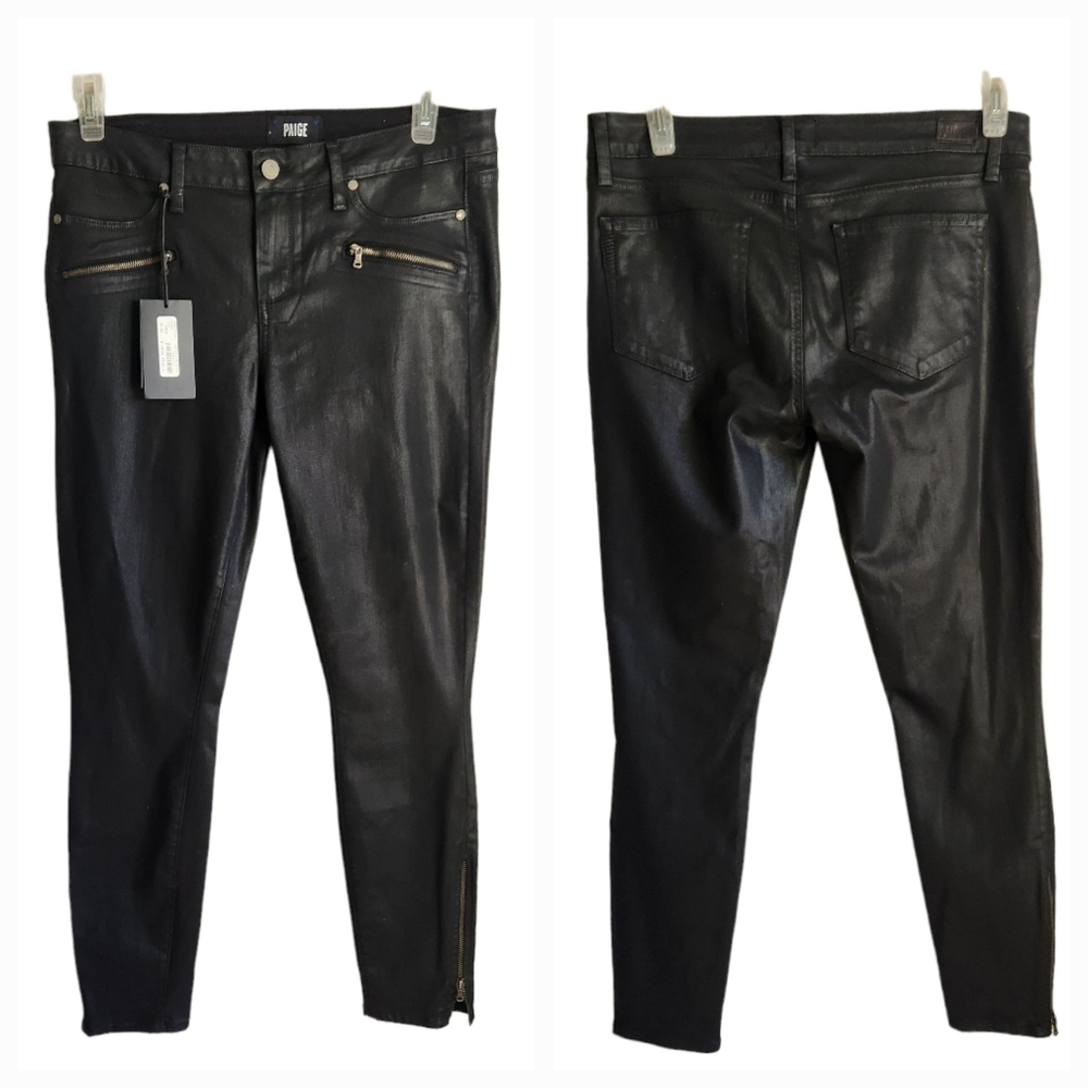 NEW Paige Jane Ankle Zip Ultra Slim Skinny Jeans "Black Silk" Leatherlike Sz 32.